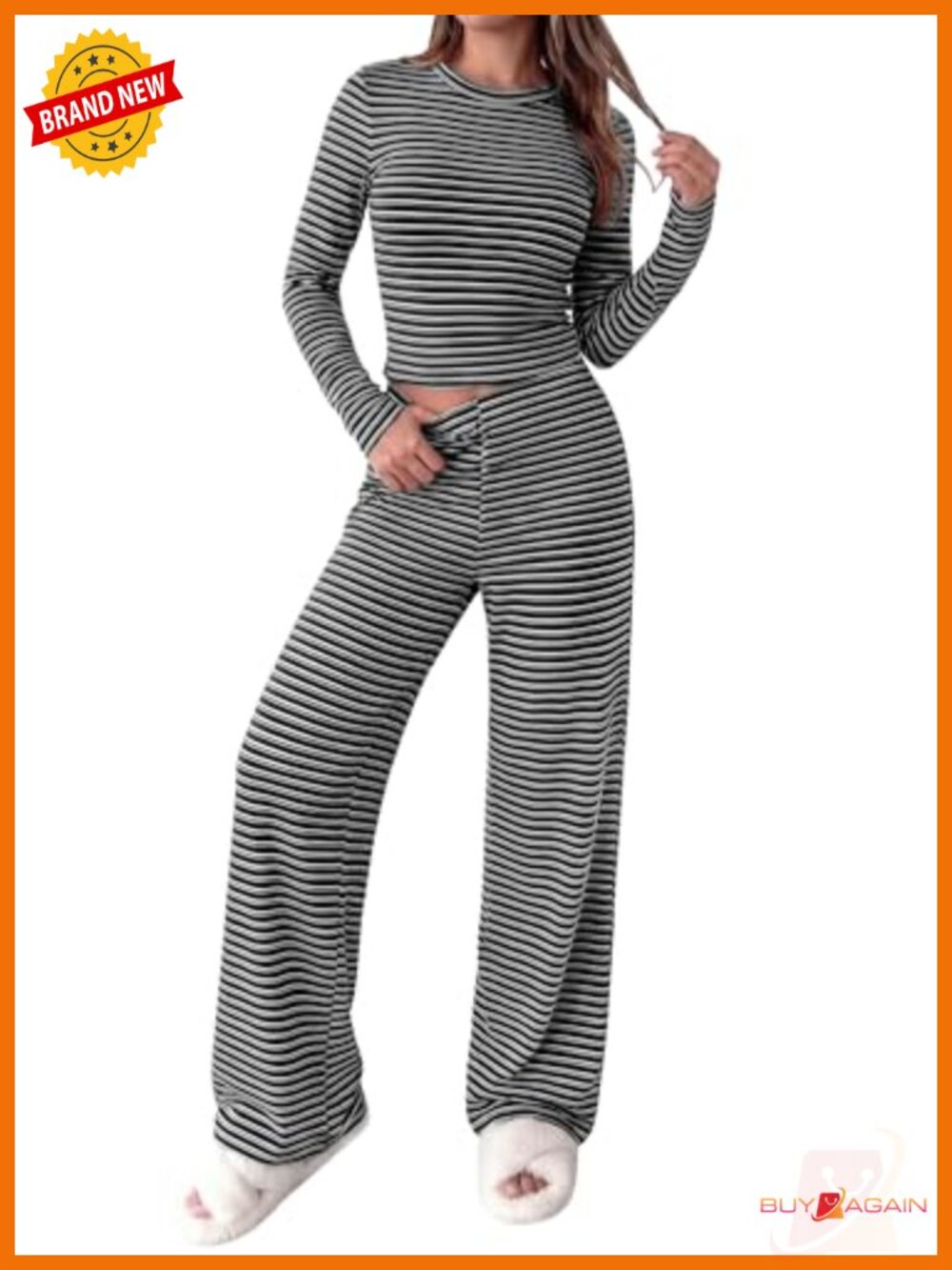 2 Piece Knit Lounge Set with Long Sleeve Crop Top & Wide Leg Pants
